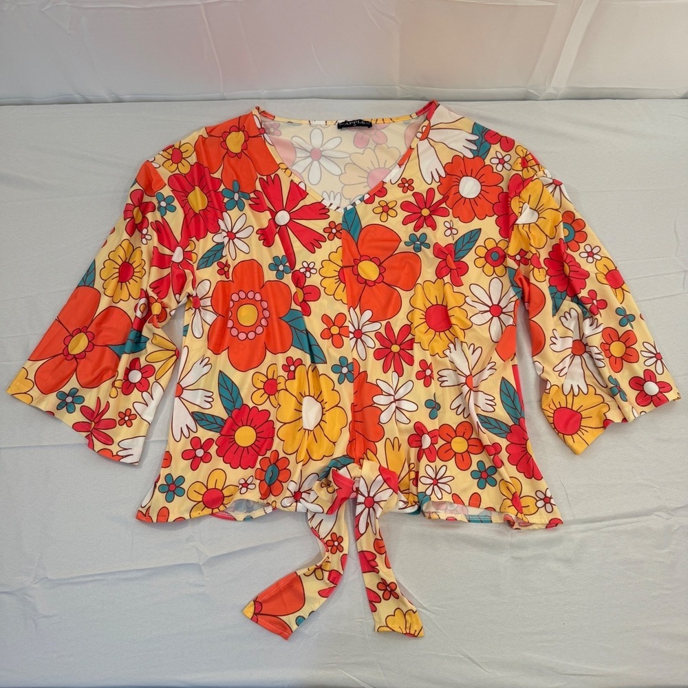 Bon Apple Tea Womens 2X Retro Floral Bell Sleeve Tie Front V-Neck Blouse Orange